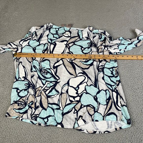 Chicos EasyWear Blouse Womens XL 3 Blue Gray Floral 3/4 Sleeve Knit Top Stretch - Picture 7 of 9